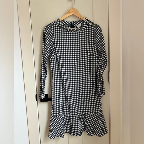 j crew black and white gingham dress J. Crew Gingham Black White Ruffle Dress Size 10 Prairie